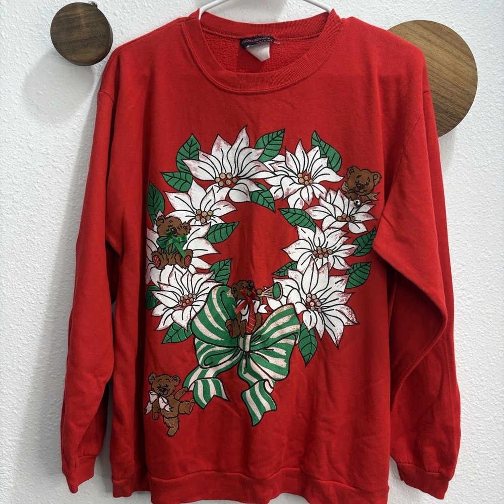 VTG 80s 90s Womens Large Christmas Bear Crewneck Sweatshirt Poinsettia Wreath